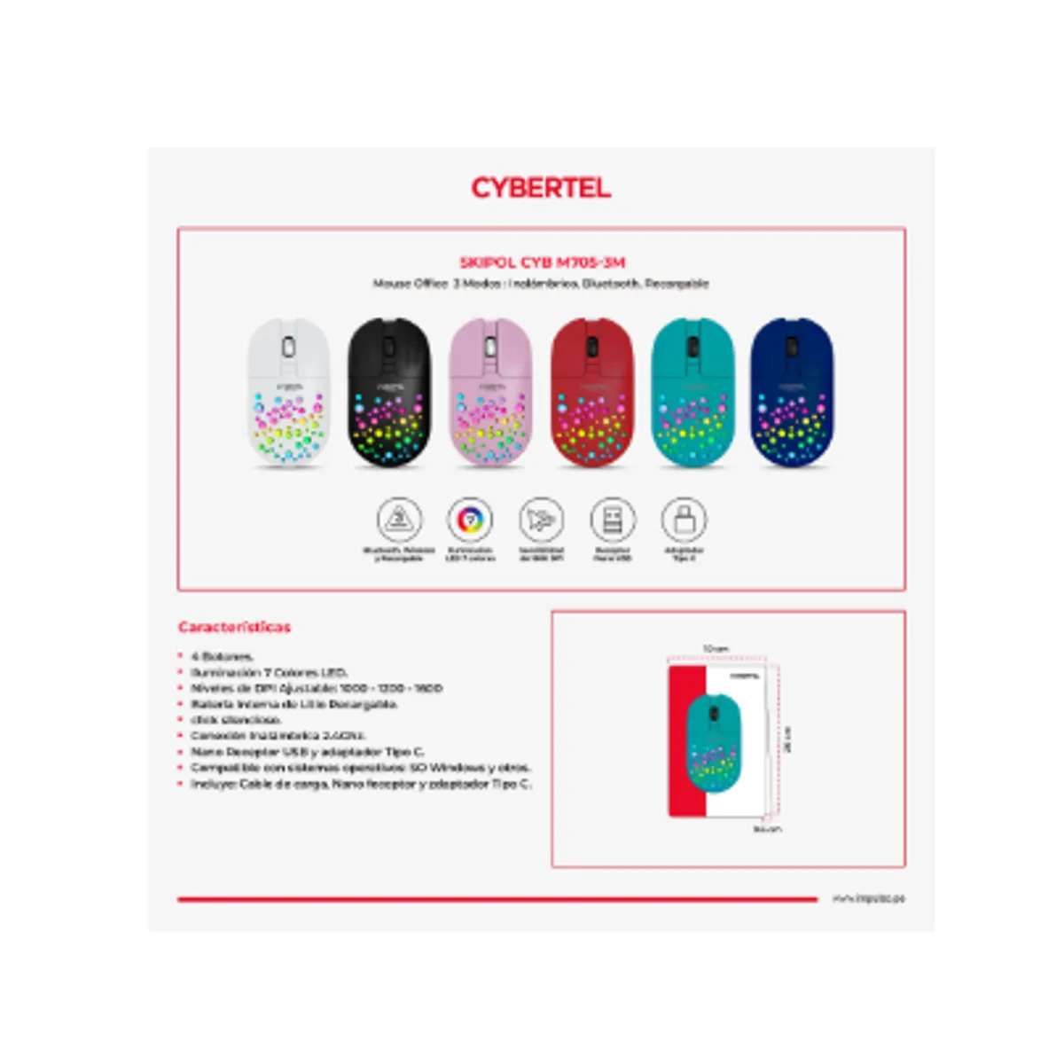 CYBERTEL - Mouse Inalambrico SKIPOL CYB M705-3M BT WIFI Recargable CYBERTEL