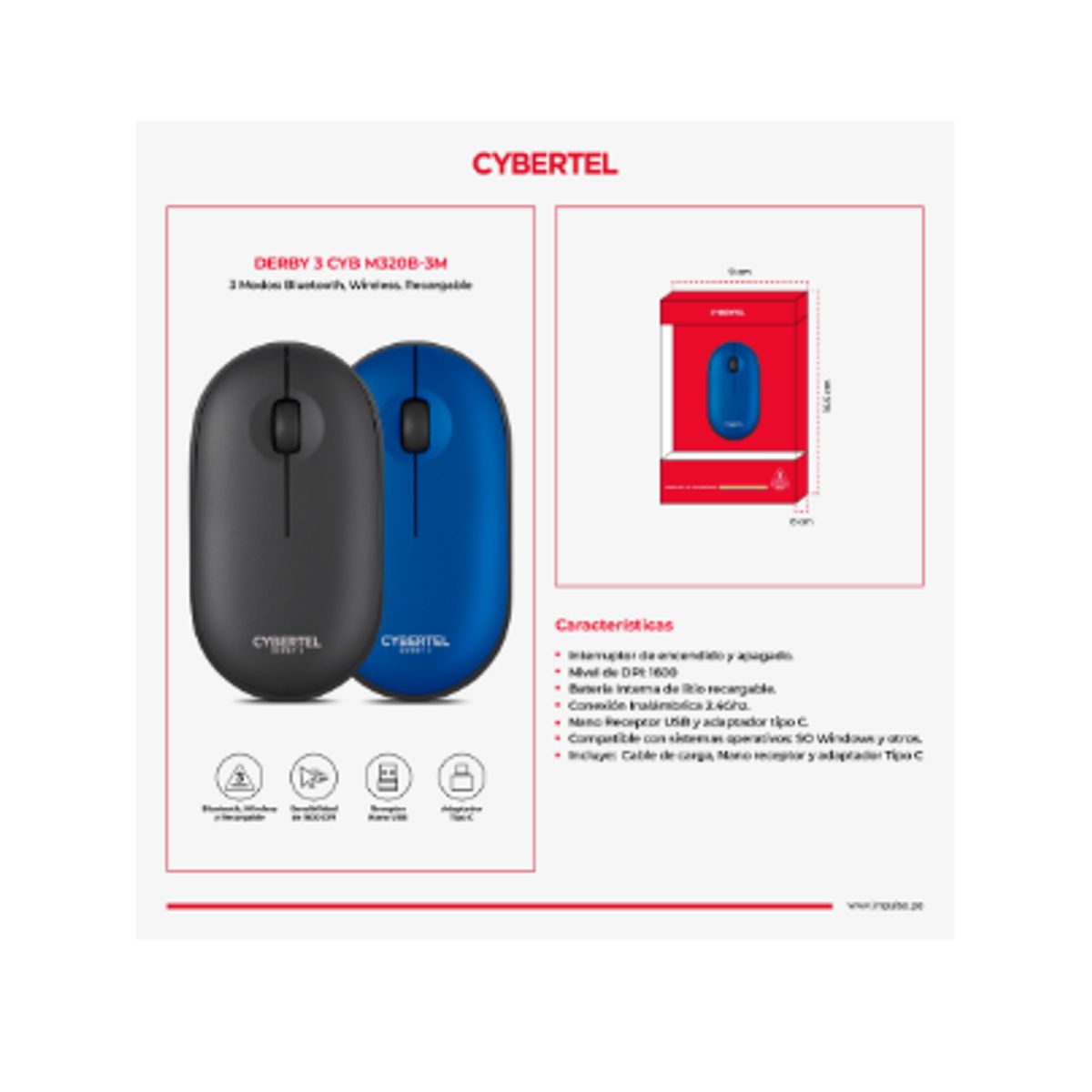 CYBERTEL - Mouse Inalambrico DERBY 3 CYB M320B-3M BT WIFI RECARGABLE CYBERTEL