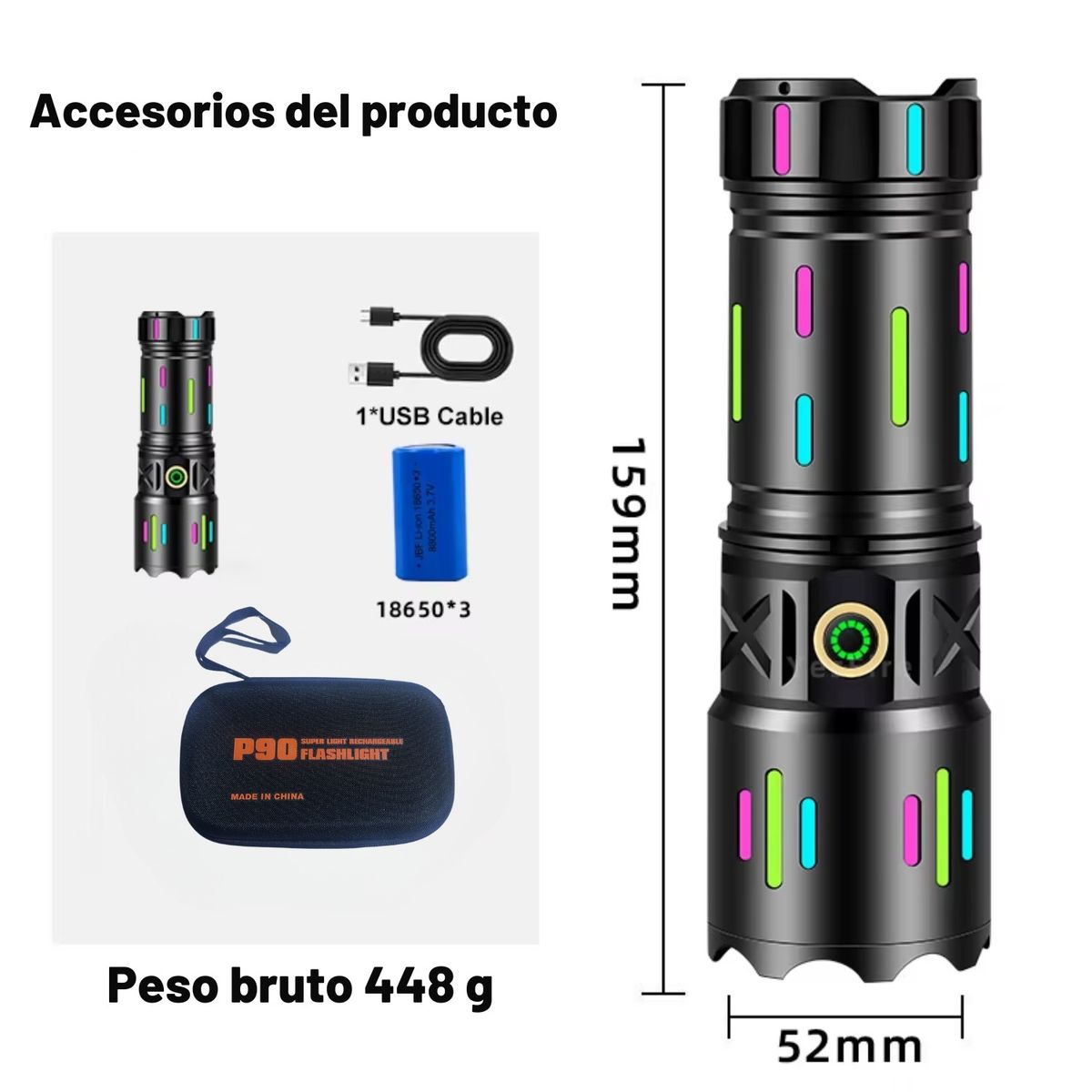 GENERICO - Linterna Aleación Aluminio Batería 3600mah Tira Fluorescente