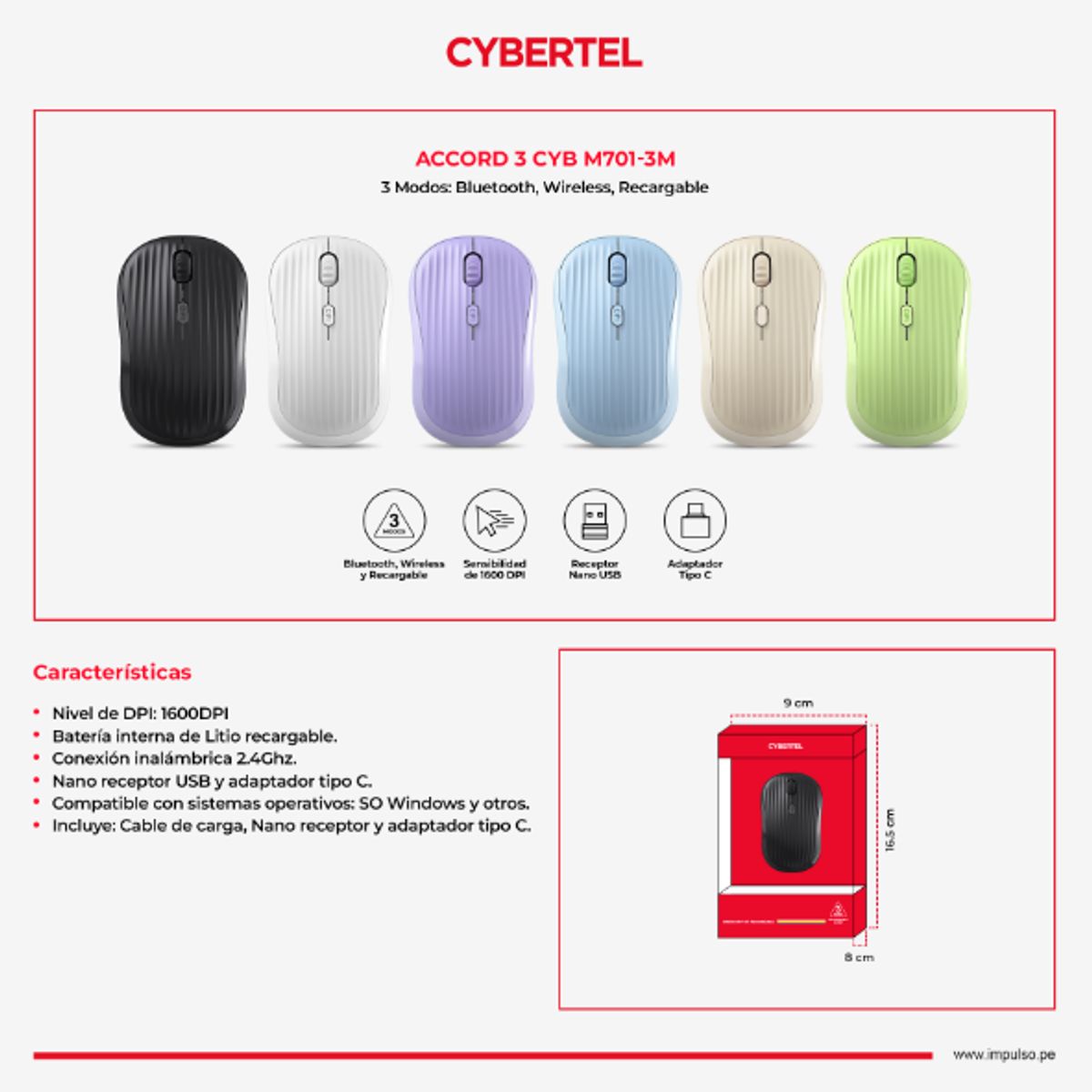 CYBERTEL - Mouse ACCORD CYB M701-3M BT WIFI RECARGABLE CYBERTEL