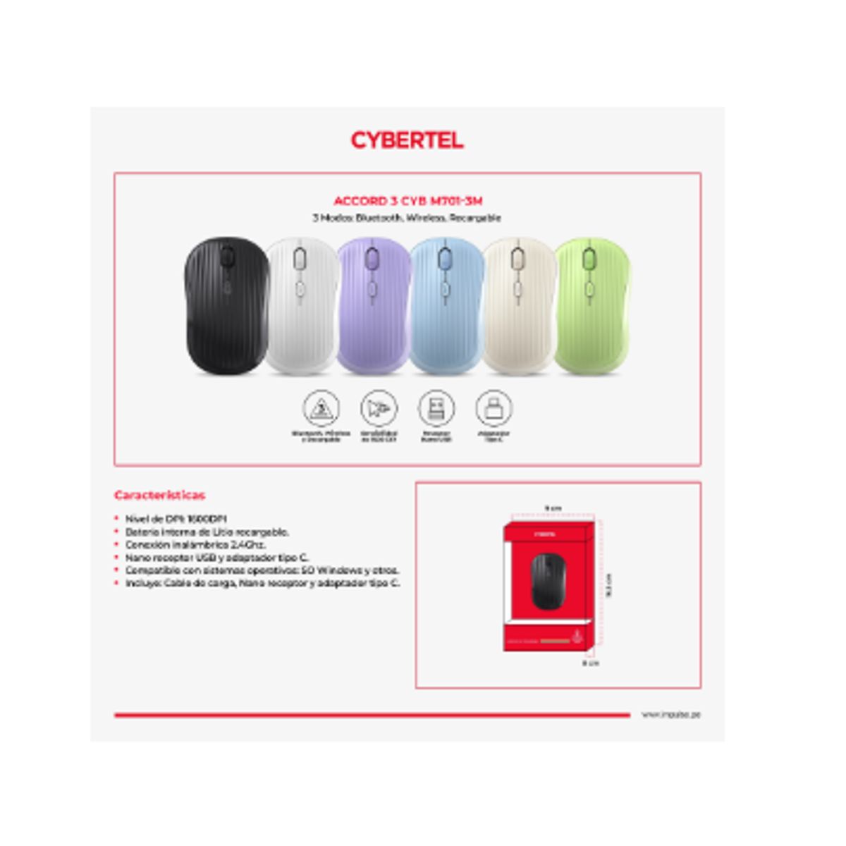 CYBERTEL - Mouse Inalambrico ACCORD CYB M701-3M BT WIFI RECARGABLE Verde CYBERTEL