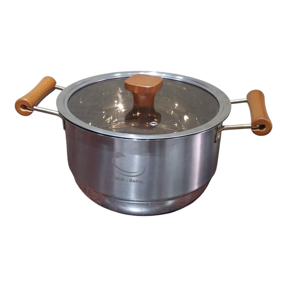 WELL BEING - Olla de Acero Inoxidable 3 Litros- Tapa de Vidrio y Mangos de Madera