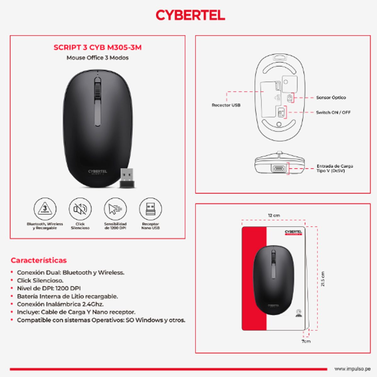 CYBERTEL - Mouse SCRIPT 3 BLACK CYB M305-3M BT WIFI RECARGABLE CYBERTEL
