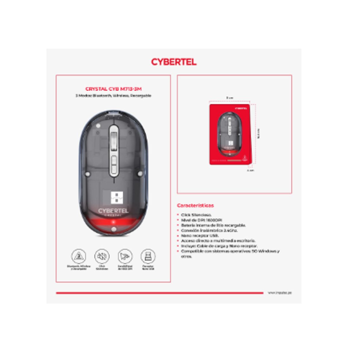 CYBERTEL - Mouse Inalambrico CRYSTAL CYB M713-3M BT WIFI Recargable CYBERTEL