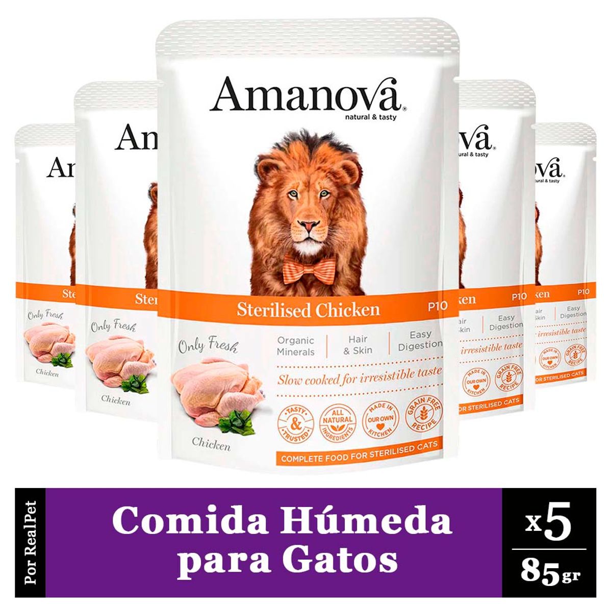 MARCA - Pack x5 Comida Húmeda Gato Esterilizado Amanova Pollo 85gr