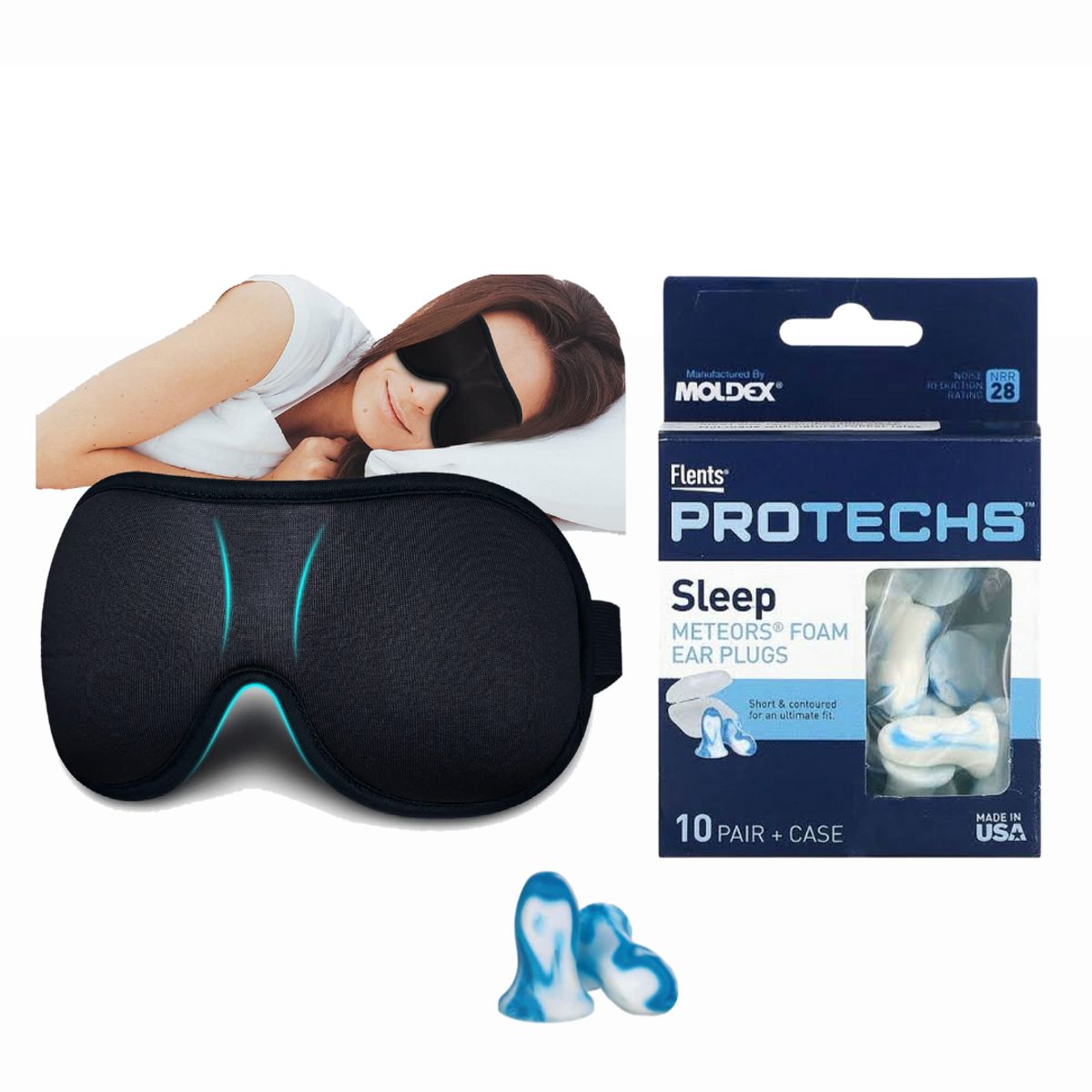 PROTECH - Tapones Para Oidos Pequeños 20ud USA + Antifaz Contorno 3D Unisex Liviano- Negro