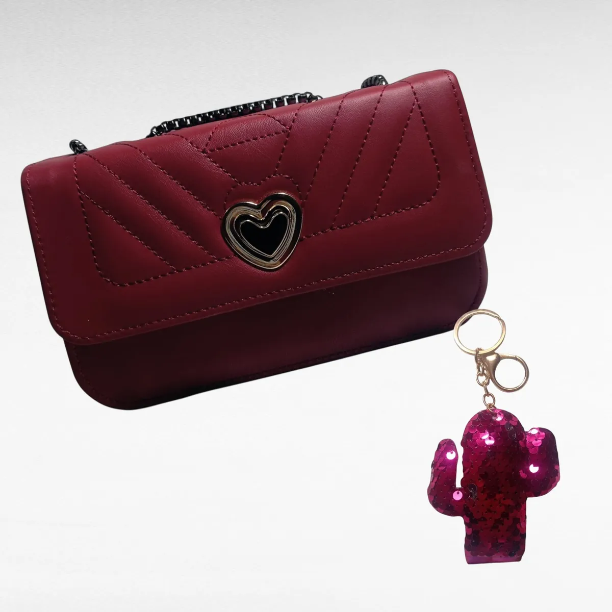 GENERICO - CARTERA ELEGANTE ROJA CON HEVILLA CORAZON + LLAVERO DE REGALO