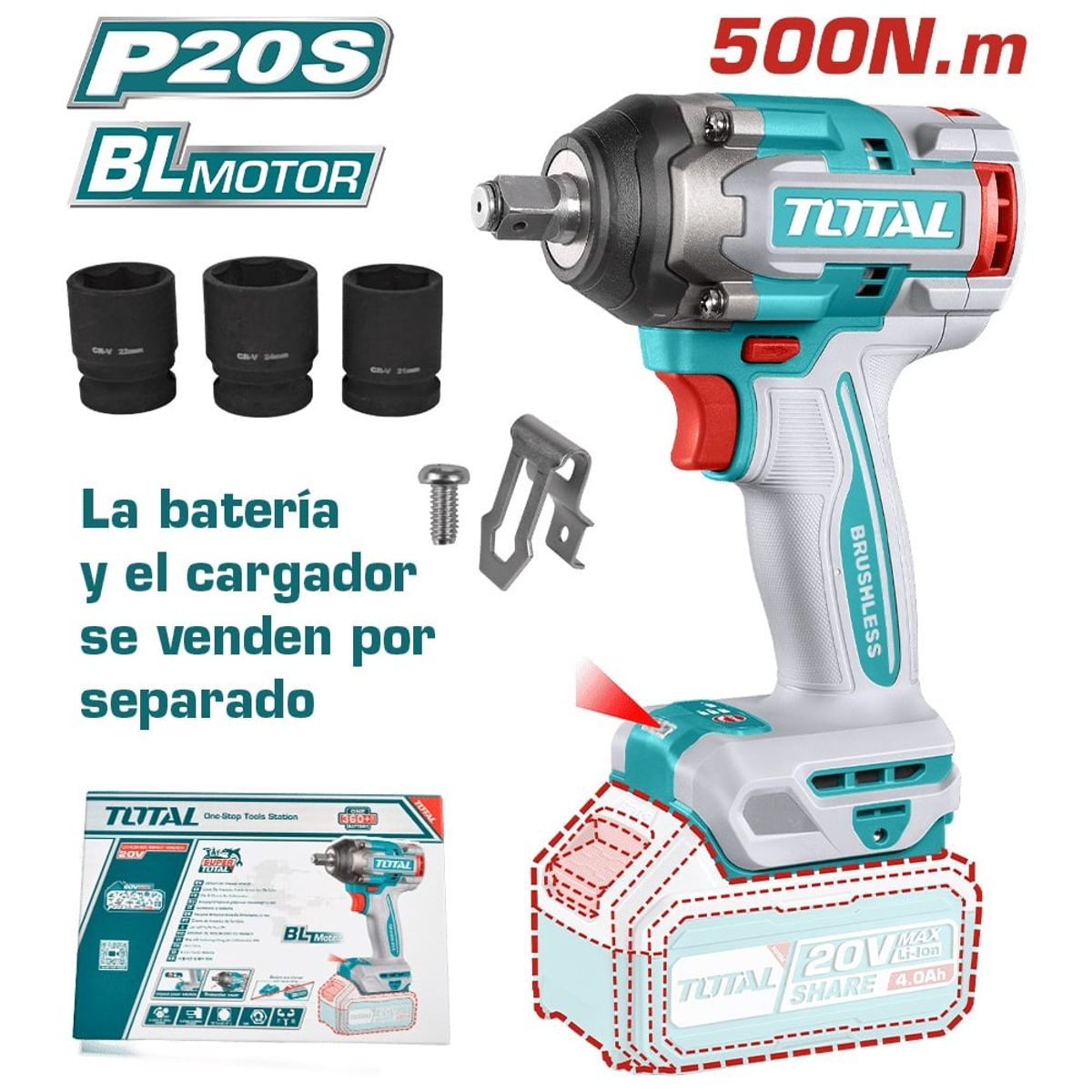 TOTAL TOOLS - LLAVE DE IMPACTO 1/2"  20V 500NM INDUSTRIAL BRUSHLESS TOTAL TIWLI20501