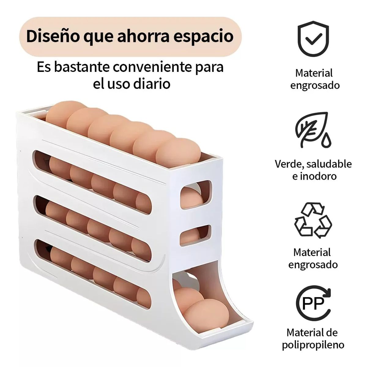 GENERICO - Organizador dispensador y bandeja para huevos automático color Blanco