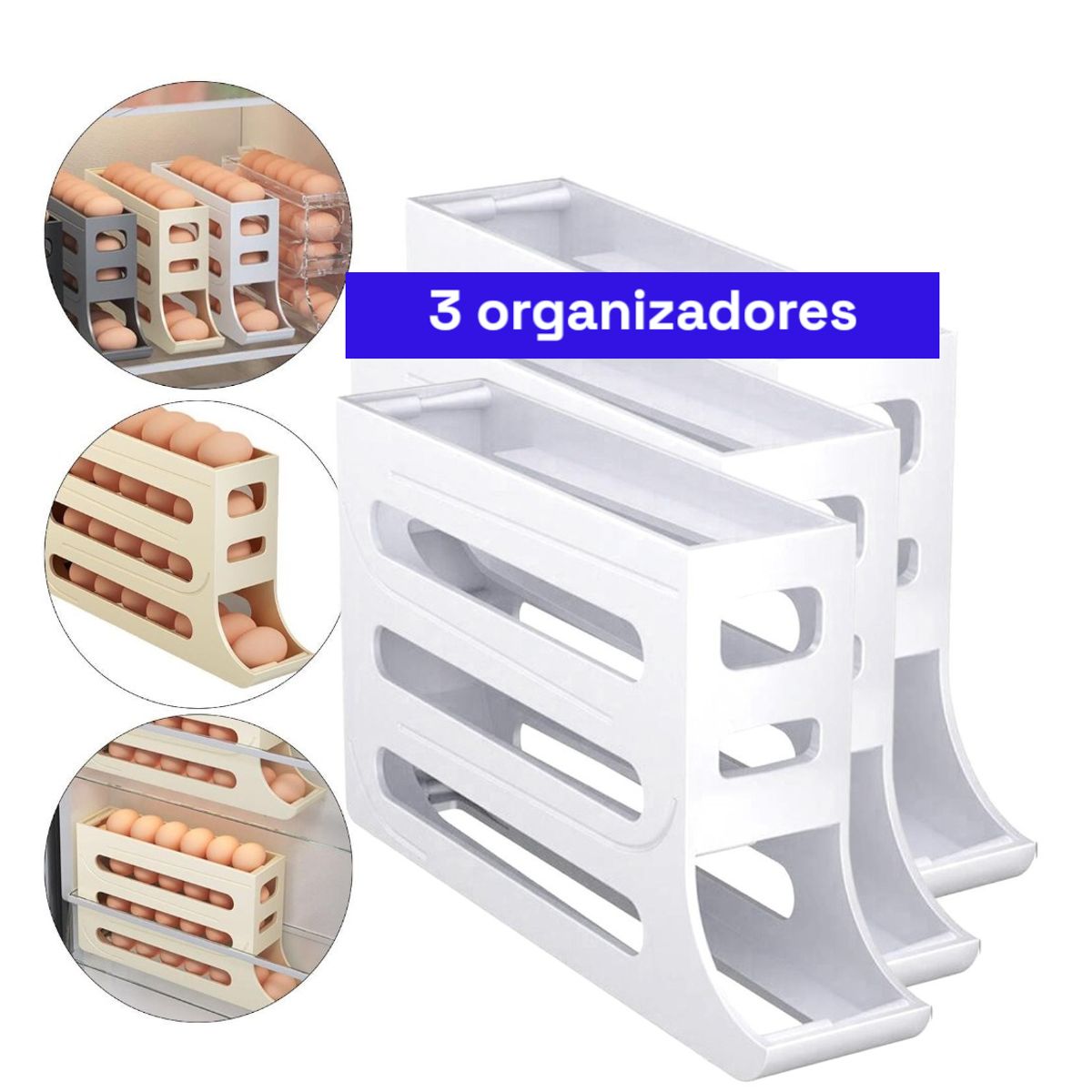 GENERICO - 3 Pack Organizador dispensador y bandeja para huevos automático Blanco