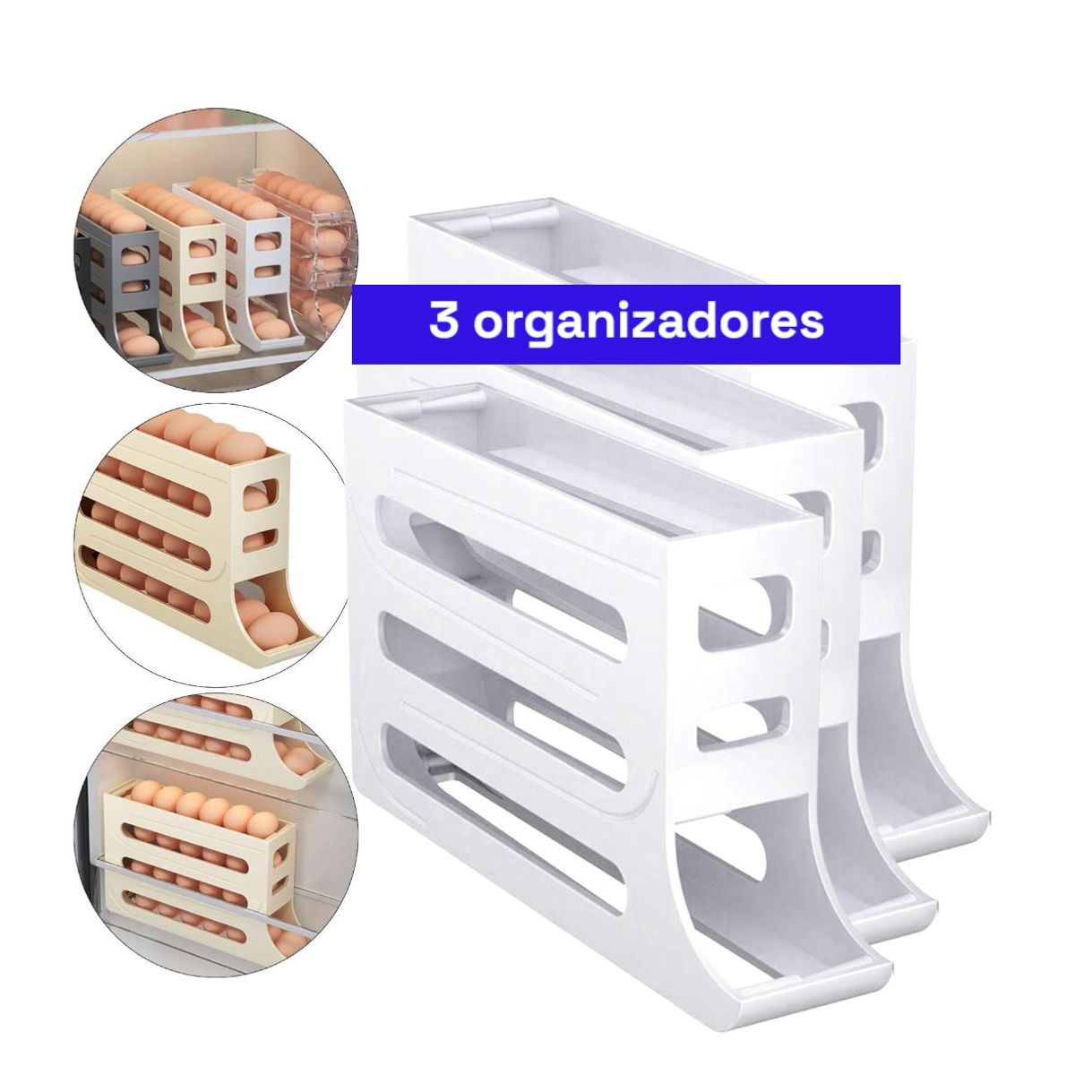 GENERICO - 3 Pack Organizador dispensador y bandeja para huevos automático Blanco
