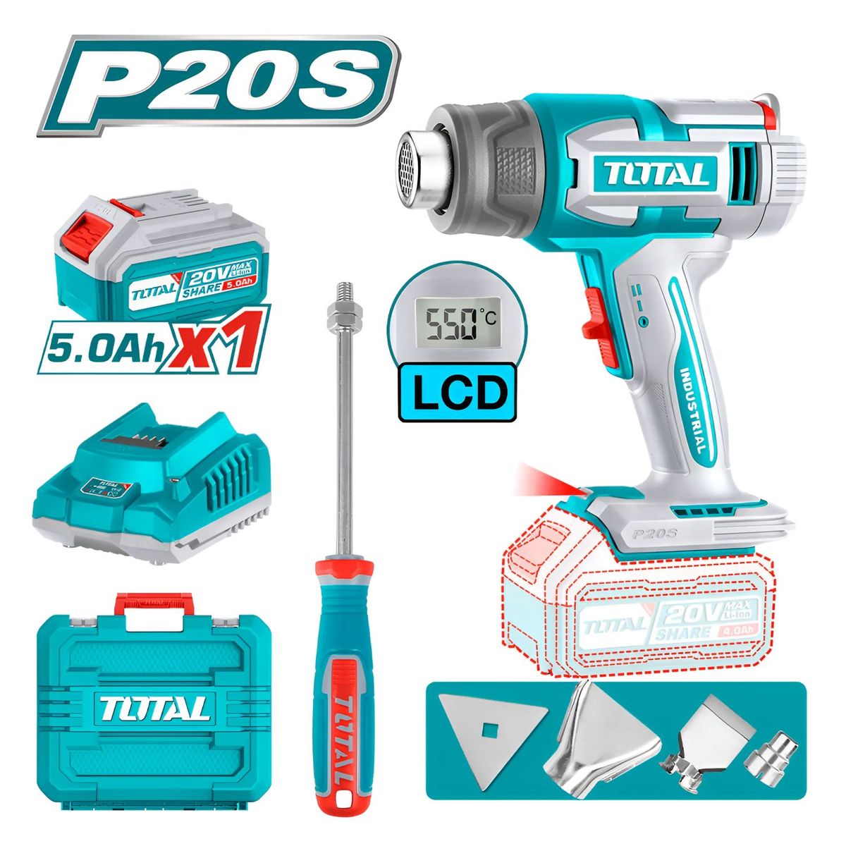 TOTAL TOOLS - Pistola De Calor + Batería 5ah Y Cargador Industrial Total-TBLI20035