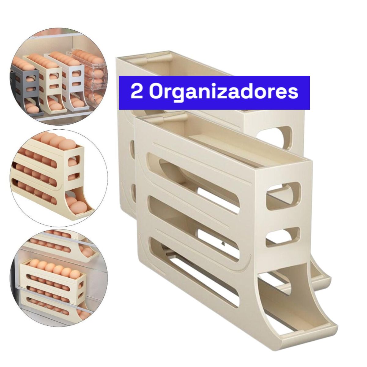 GENERICO - 2 Pack Organizador dispensador y bandeja para huevos automático Beige