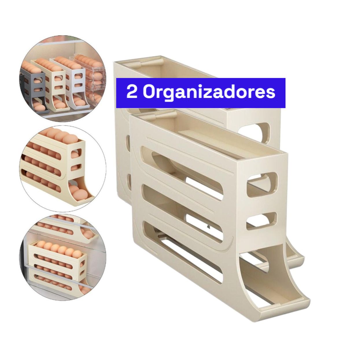 GENERICO - 2 Pack Organizador dispensador y bandeja para huevos automático Beige