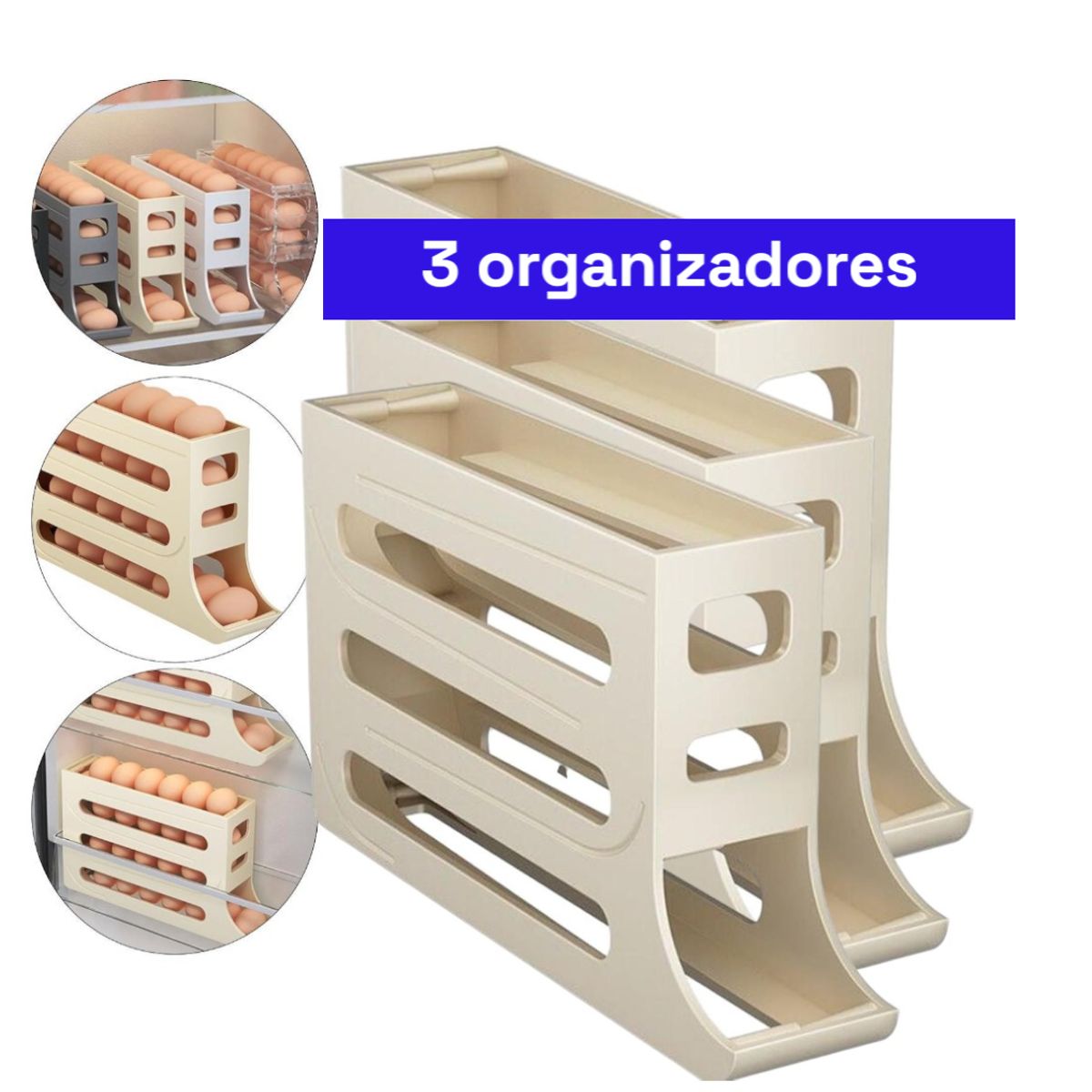 GENERICO - 3 Pack Organizador dispensador y bandeja para huevos automático Beige