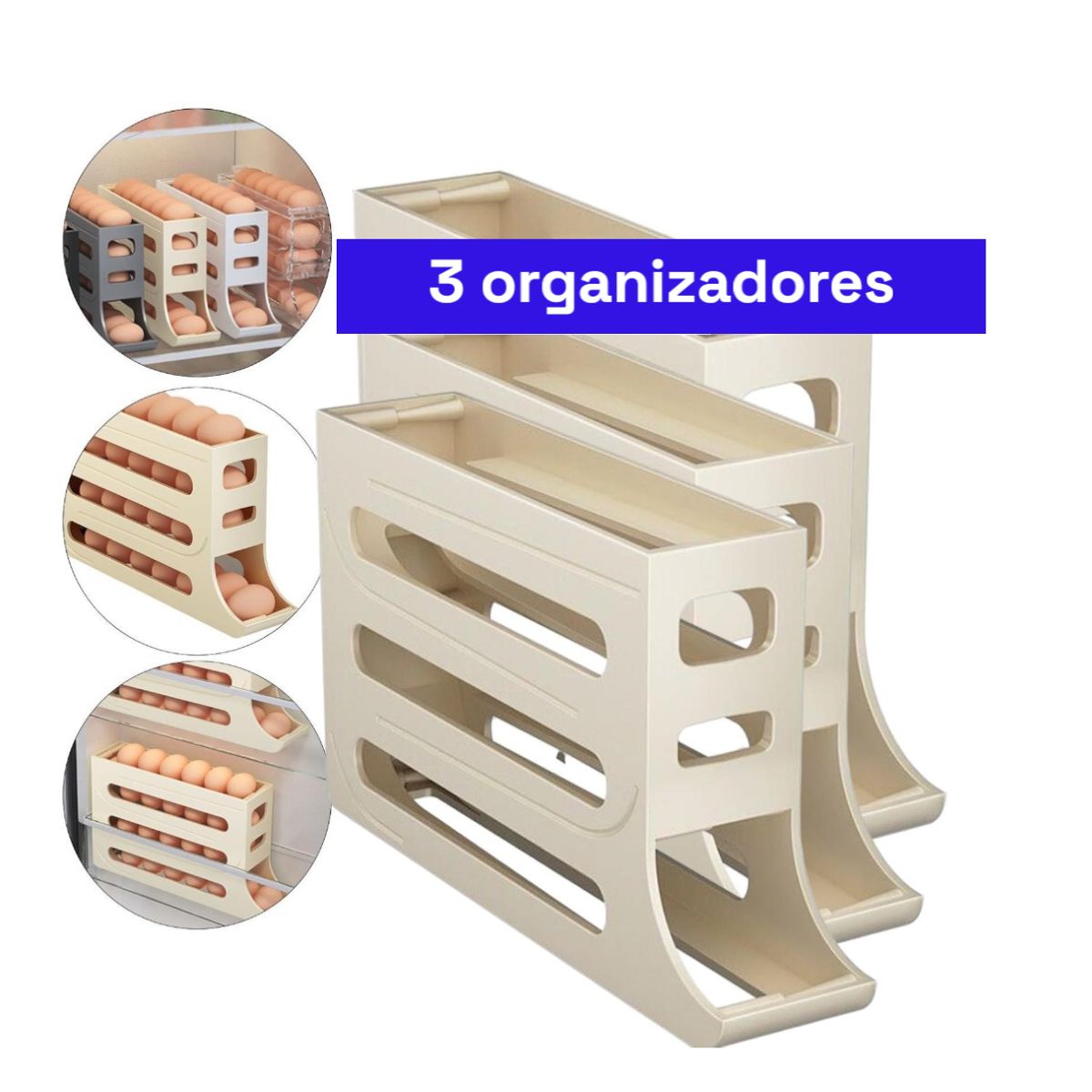 GENERICO - 3 Pack Organizador dispensador y bandeja para huevos automático Beige