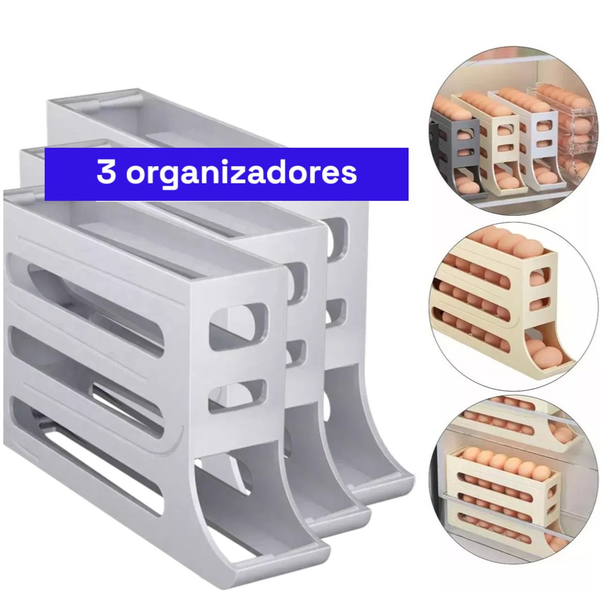 GENERICO - 3 Pack Organizador dispensador y bandeja para huevos automático Gris