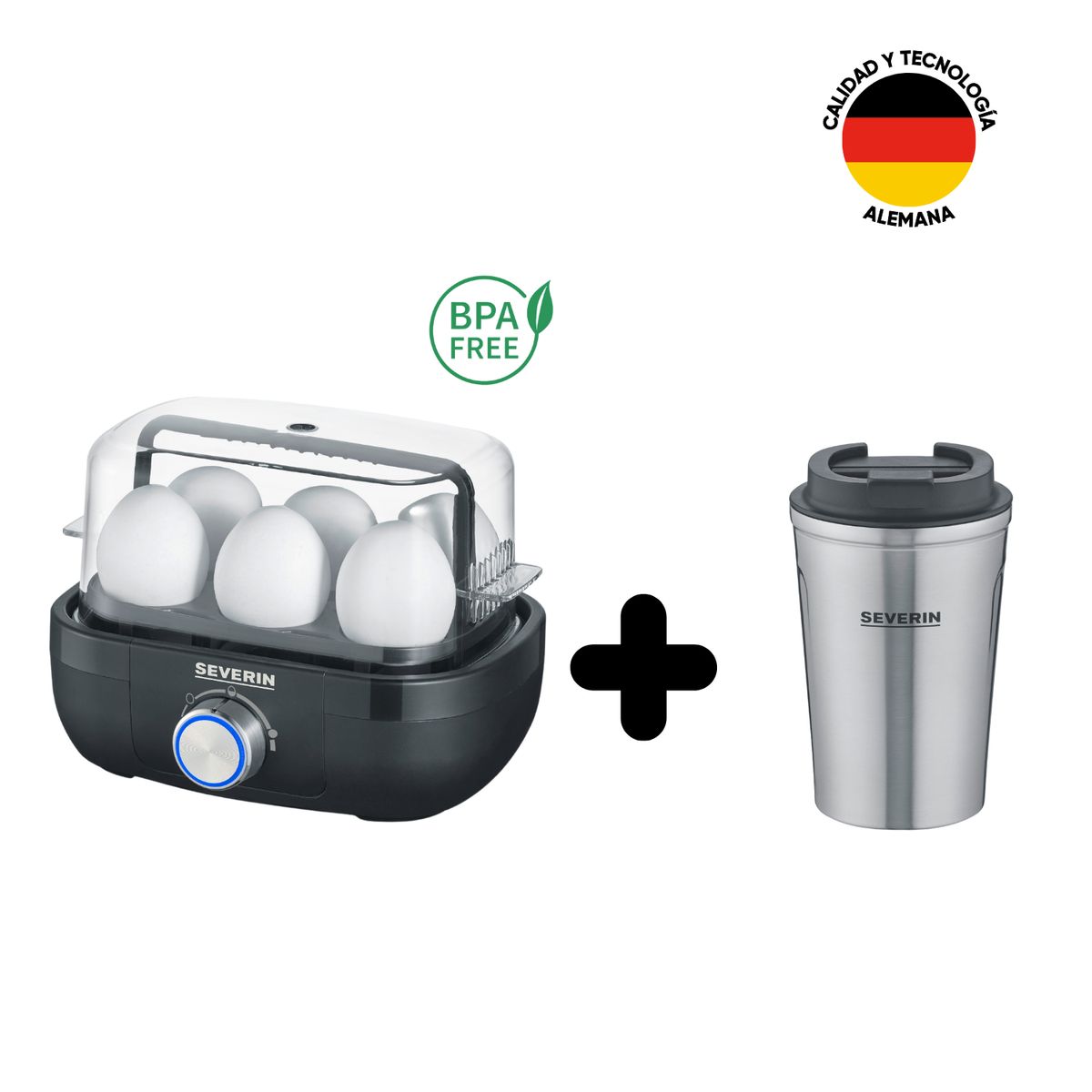 SEVERIN - COMBO Hervidor de huevos negro con perilla + Vaso térmico Severin
