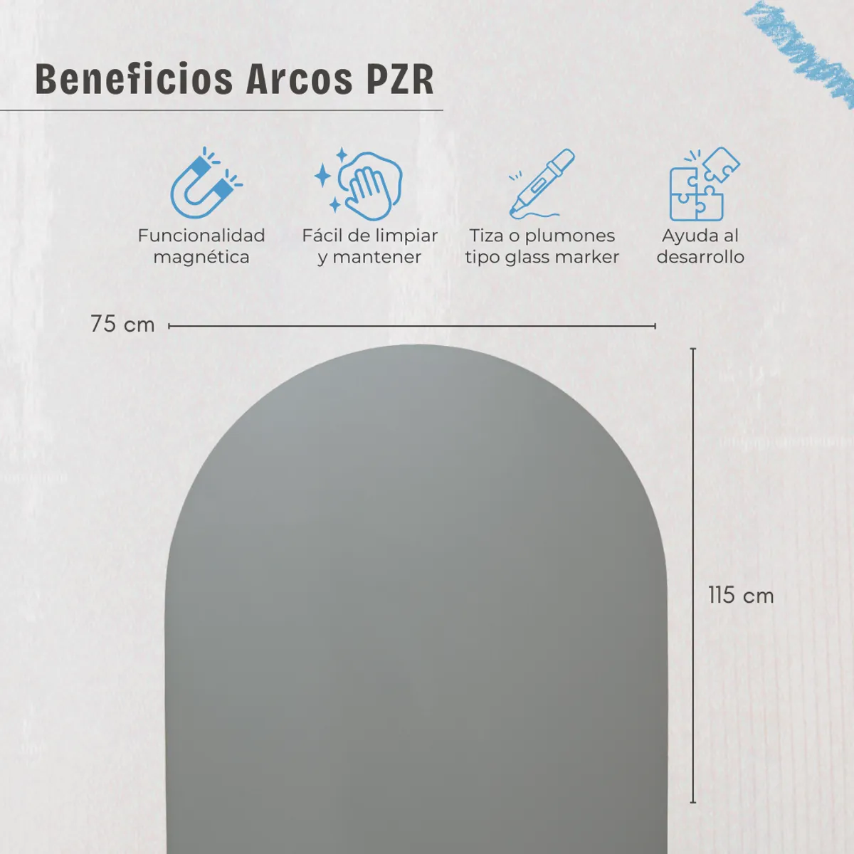 PZR PIZARRAS ADHESIVAS - Pizarra Adhesiva Magnética Infantil Arco Gris 117 x 61 cm