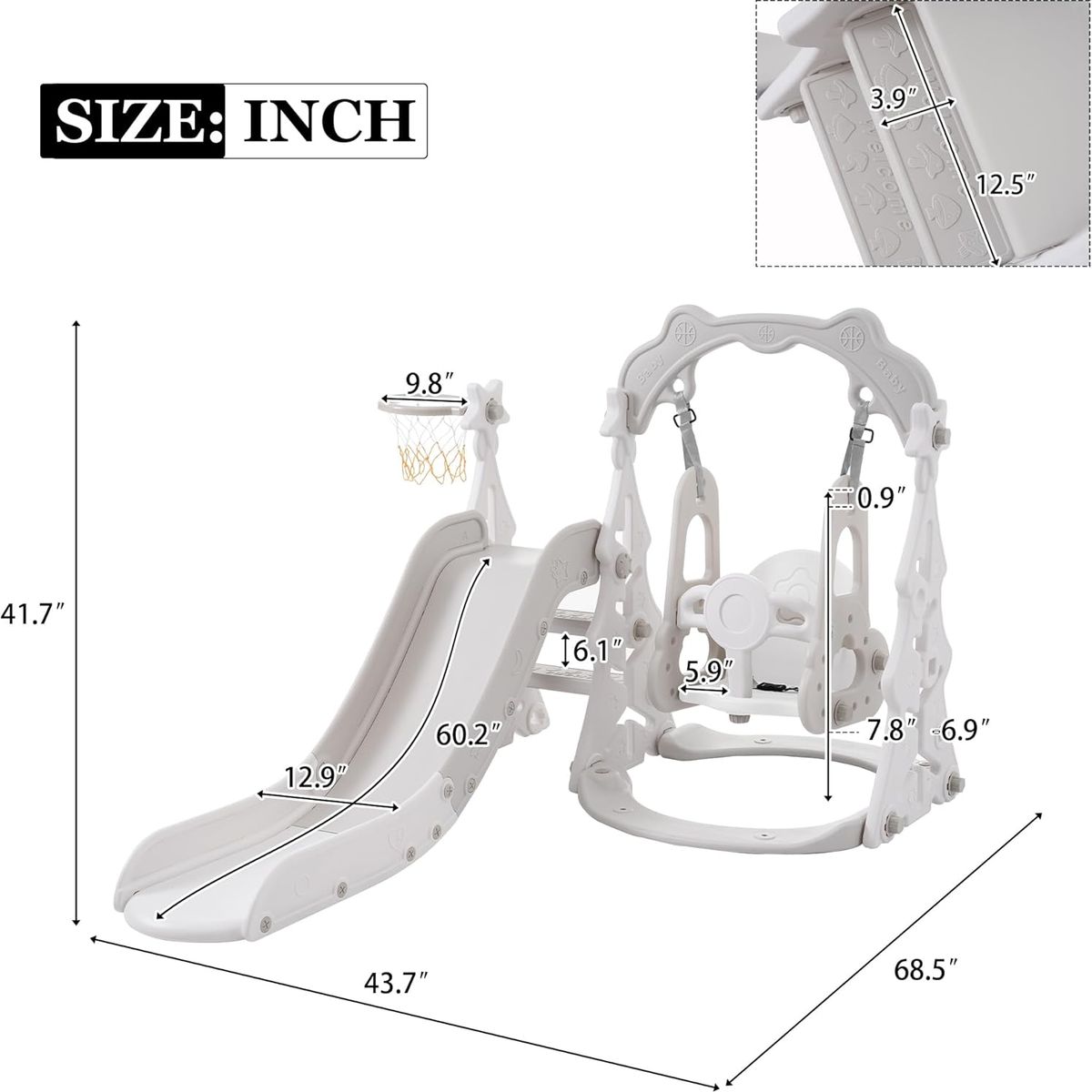 GENERICO - Juego de tobogán y columpio 3 en 1 para niños pequeños con aros de baloncesto