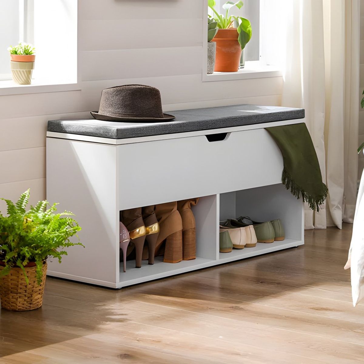 GENERICO - Zapatera Baúl Multifuncional Con Asiento Adena Blanco 6 Pares Huk