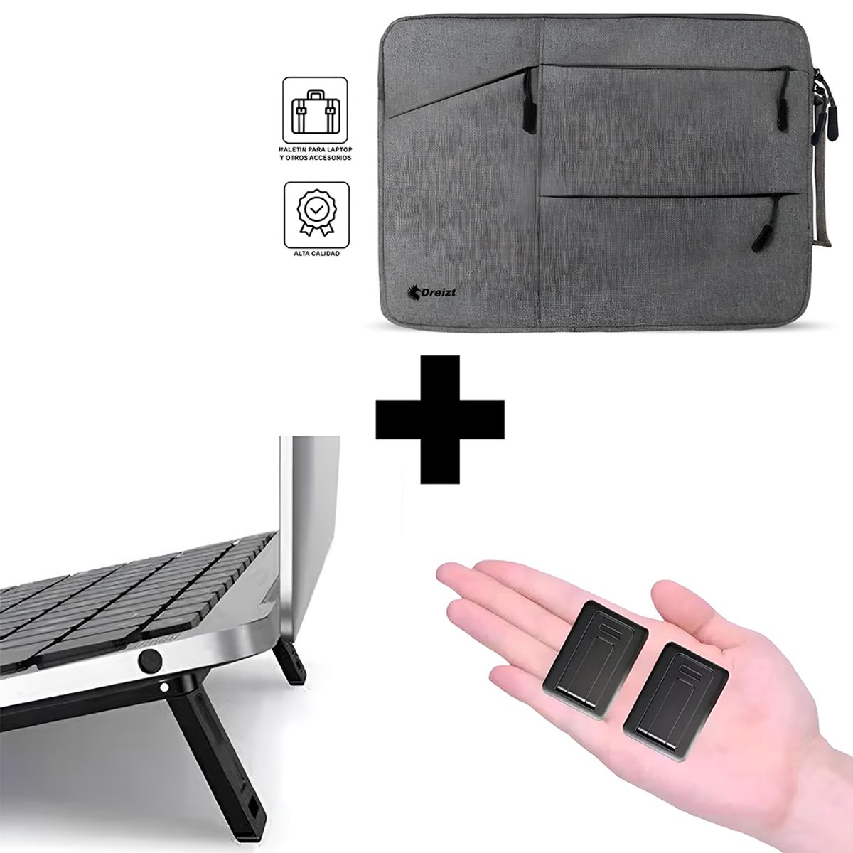 DREIZT - Combo Mini soporte plegable + Funda Porta Laptop Gris 13.3