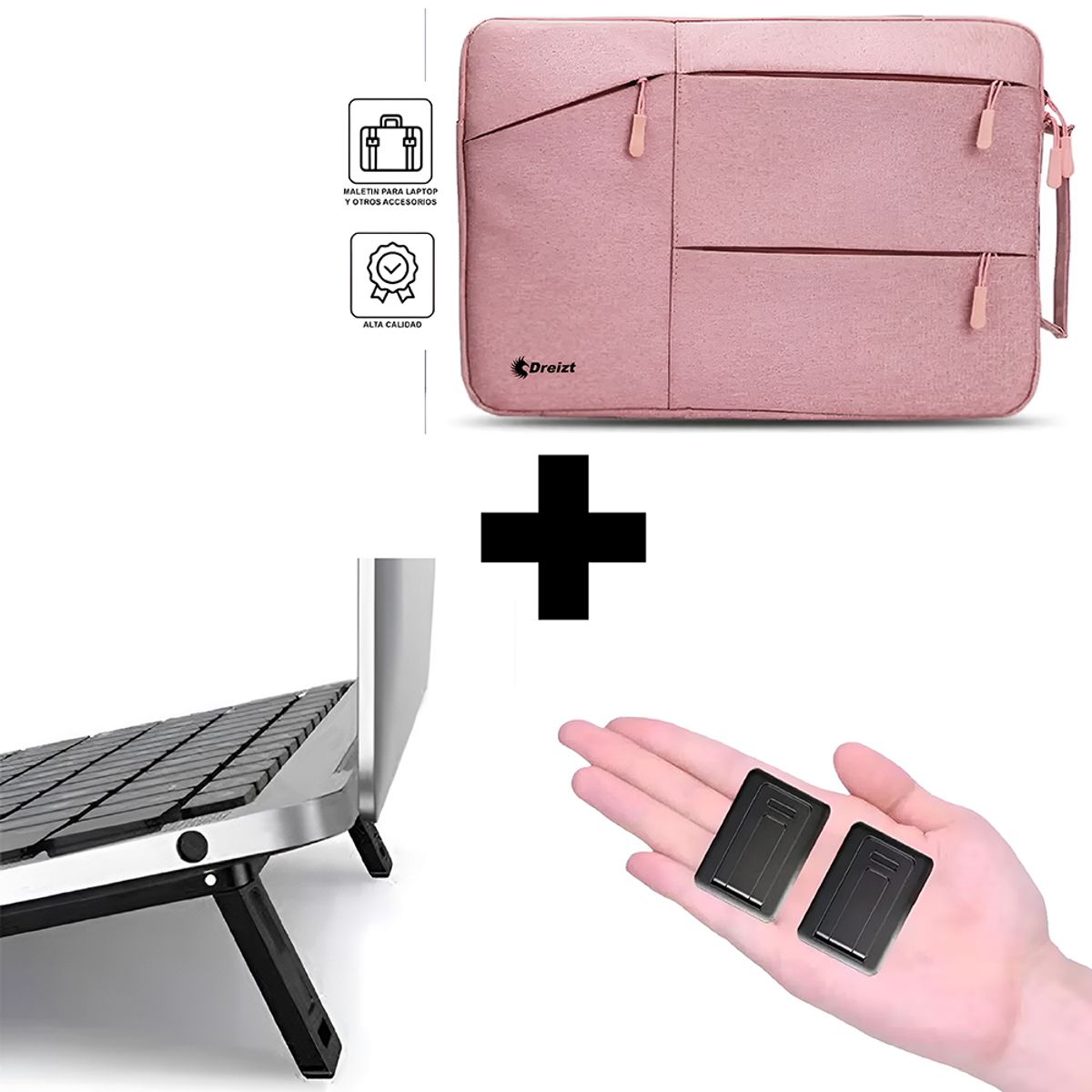 DREIZT - Combo Mini soporte plegable + Funda Porta Laptop Rosado 13.3