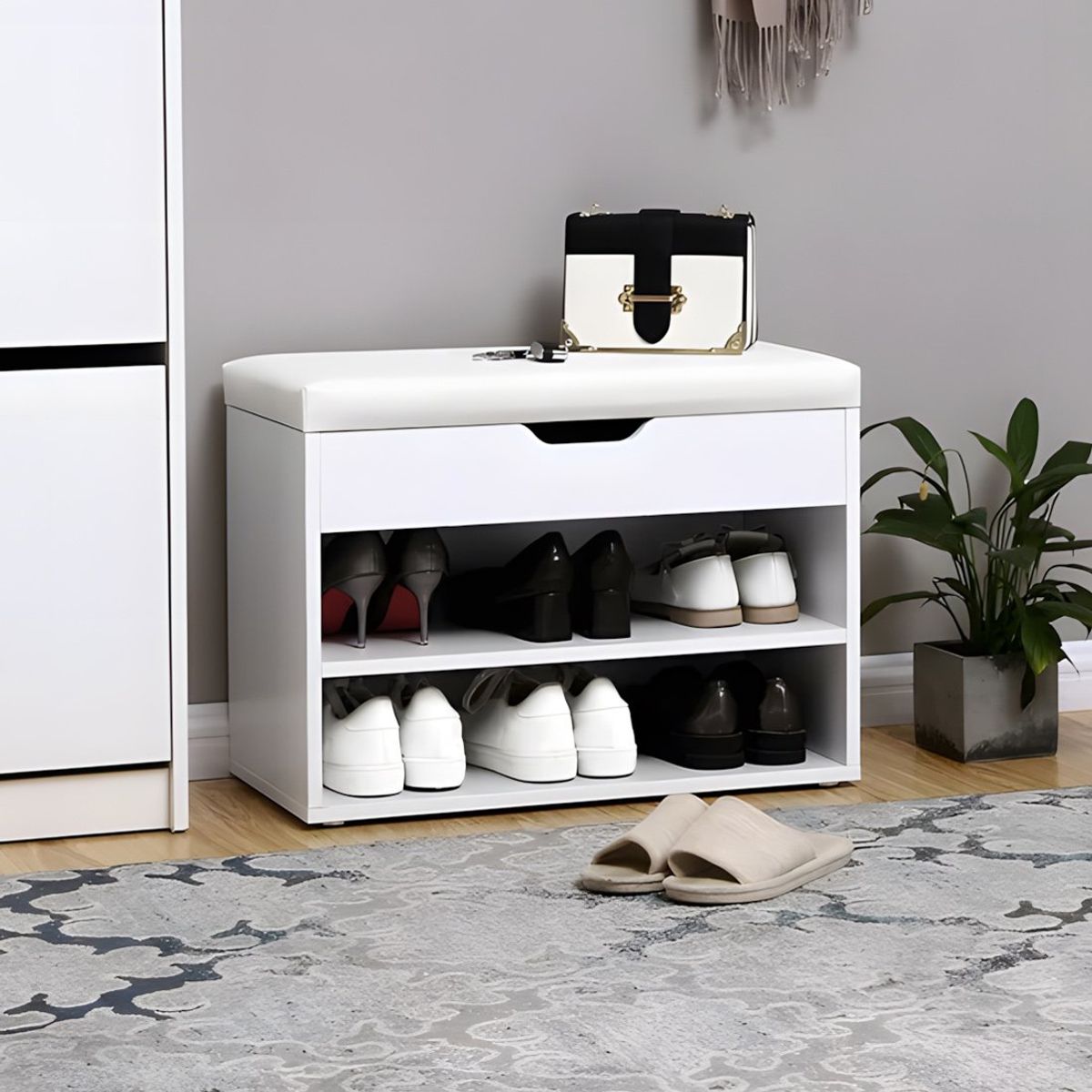 GENERICO - Zapatera Baúl Multifuncional Con Asiento Sire Blanco 6 Pares Huk