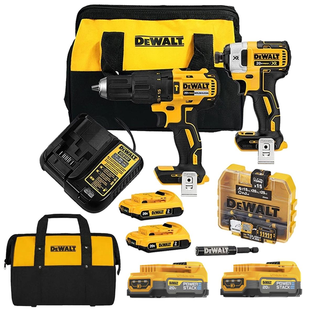 DEWALT - Taladro Perc 1/2" + Atorn de Impacto 1/4" 20V Brushless + Set de Puntas 16 Pzs Dewalt