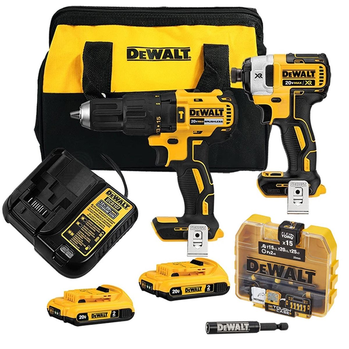 DEWALT - Taladro Perc 1/2" + Atorn de Impacto 1/4" 20V Brushless + Set de Puntas 16 Pzs Dewalt