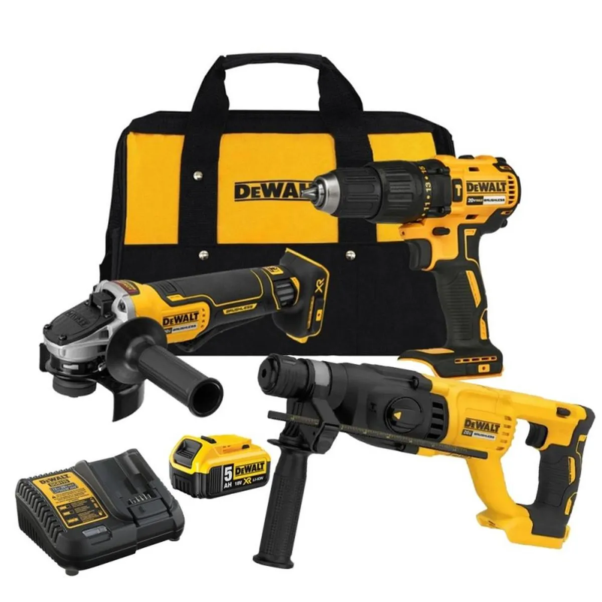 DEWALT - Taladro Perc 1/2" + Amoladora 4 1/2" + 1 Bat 20V + Rotomartillo SDS Plus Dewalt