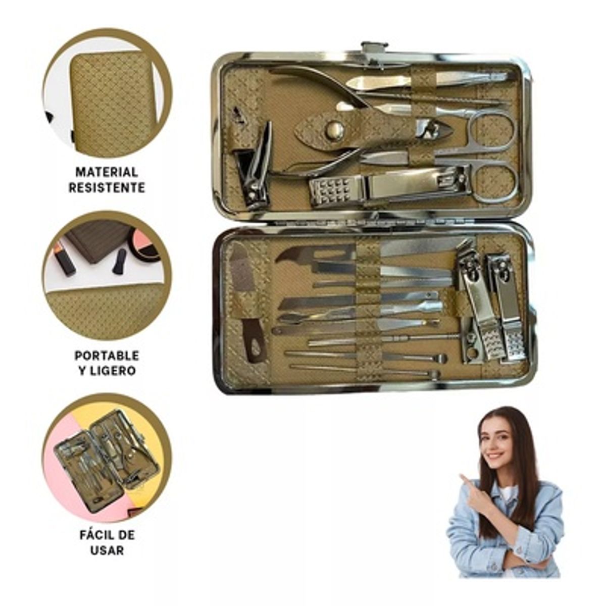 GENERICO - Set Manicure Pedicure Con Estuche 19 En 1 Kit Acero DORADO