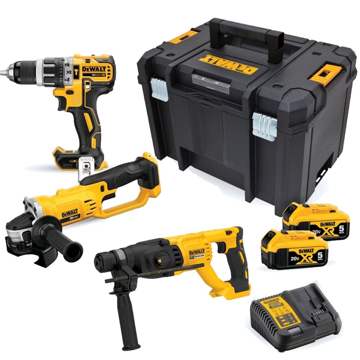 DEWALT - Taladro Perc 1/2" + Amoladora 4 1/2" 20V 2 Bat + TSTAK + Rotomartillo Sds Plus Dewalt