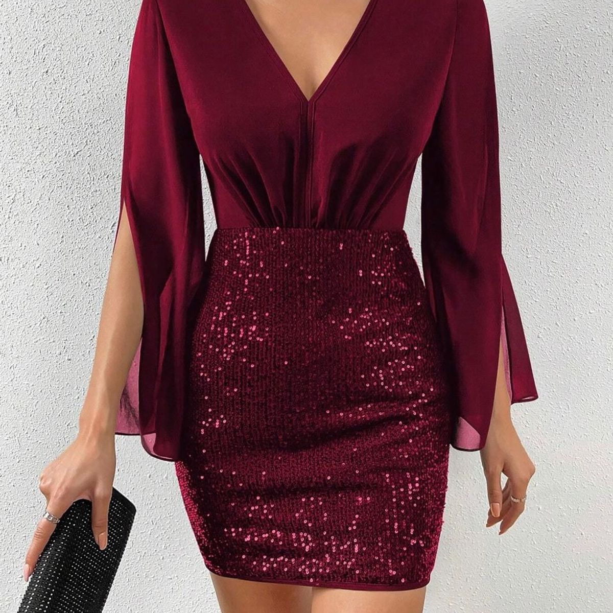 GENERICO - Vestido Vino con Lentejuelas y Mangas Fluidas