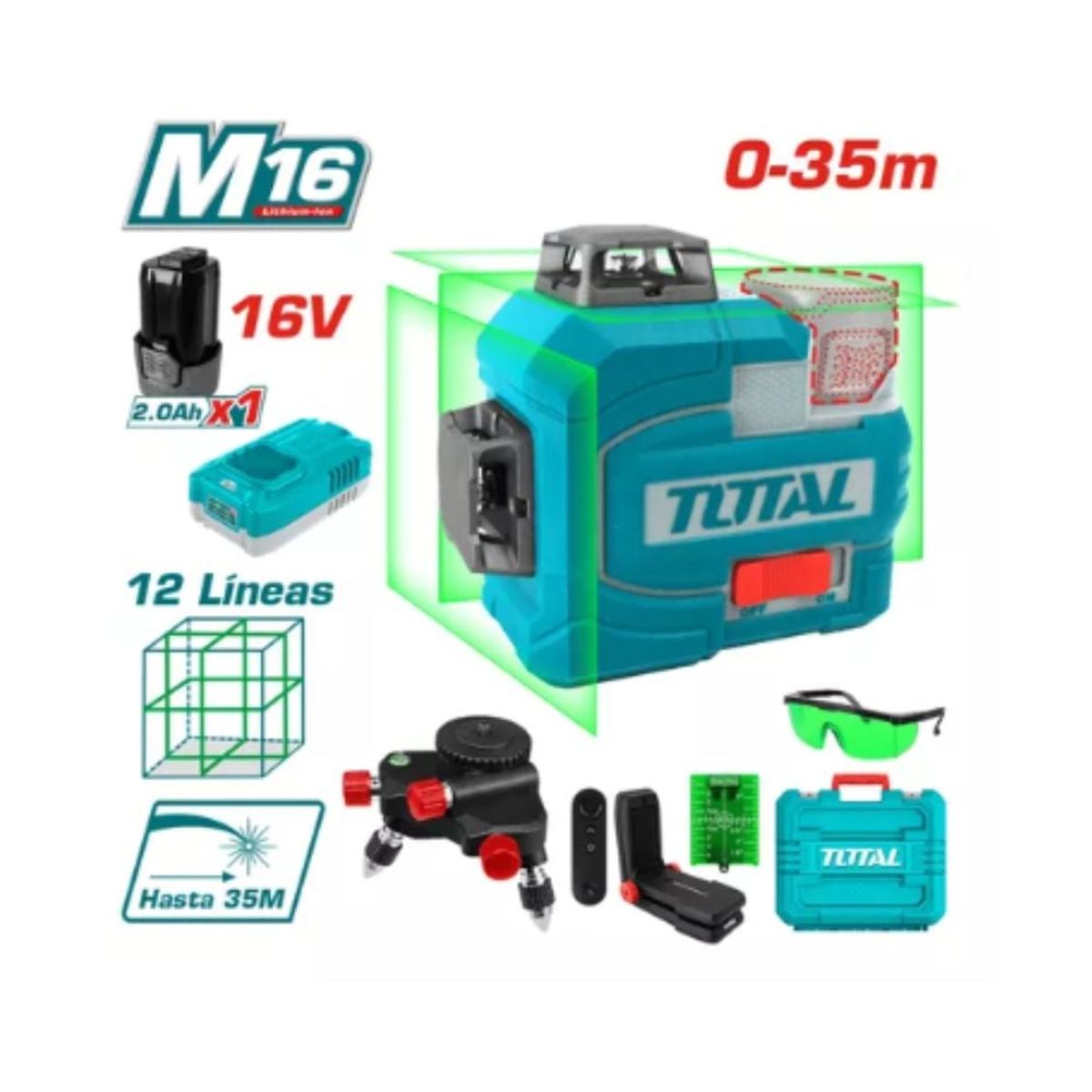 Total Tools - NIVEL LASER 3D 16V 12LINEAS 0-35M VERDE 1X20AH + ACCESORIOS TLL301201