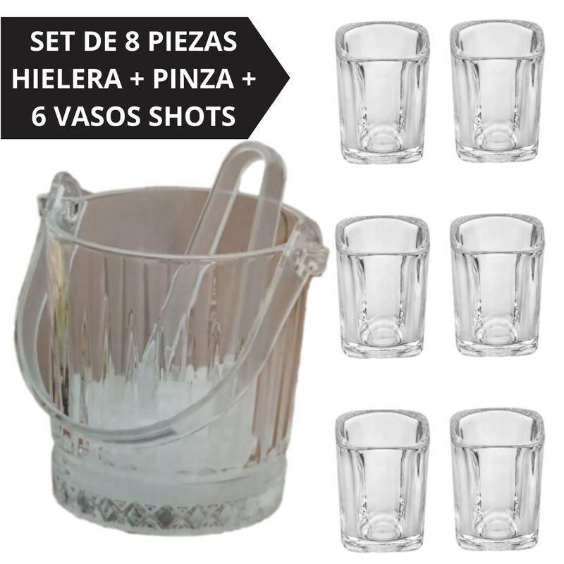 GENERICO - Hielera de Vidrio Set de 8 PCS Hielera + Pinza + 6 vasos de shot
