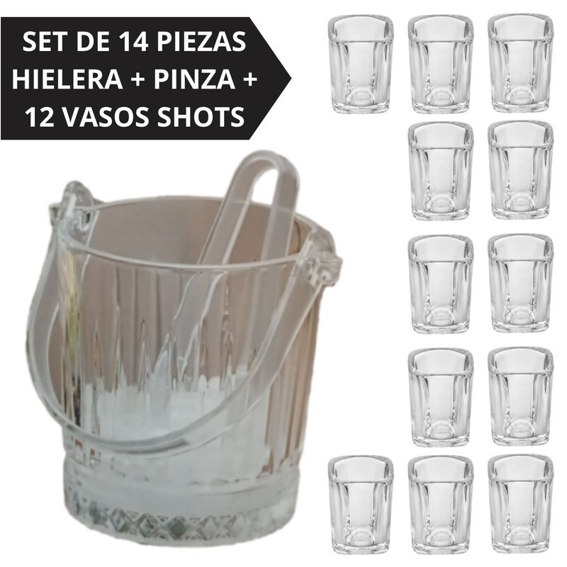 GENERICO - Hielera de Vidrio Set de 14 PCS Hielera + Pinza + 12 vasos de shot