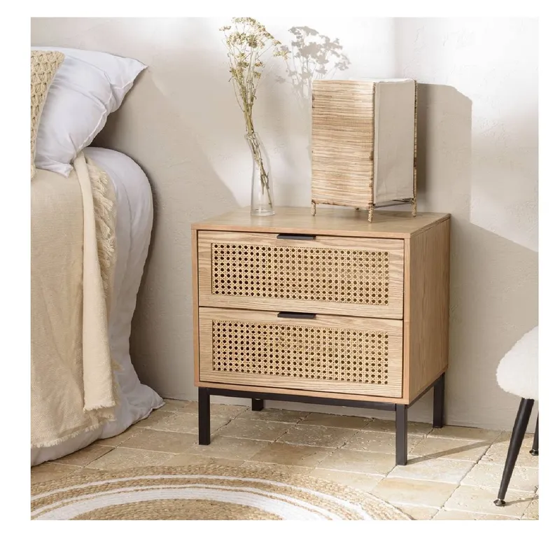 TU MESITA - VELADOR MESA DE NOCHE MODERNA CASSIDY CON REJILLA RATAN 2 CAJONES TU MESITA