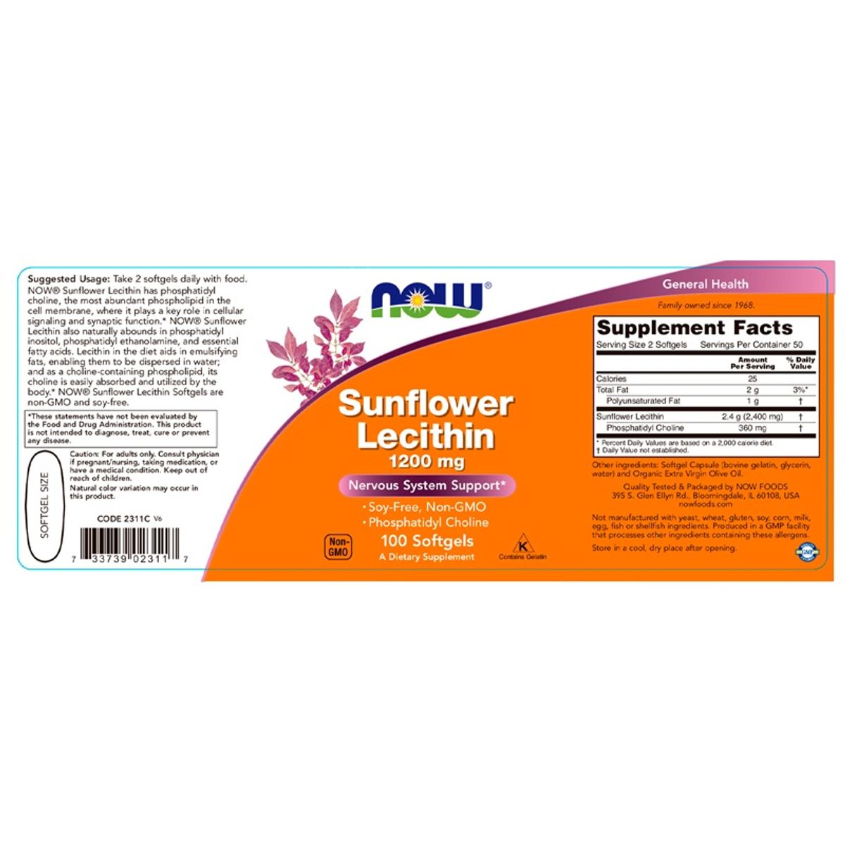 NOW - Lecitina de Girasol 1200 mg - Sunflower Lecithin