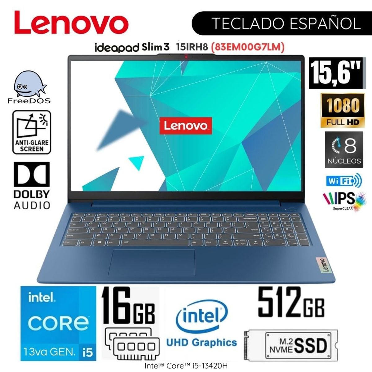 LENOVO - Laptop Lenovo Ideapad Slim 3 15IRH8 15.6” FHD  Intel Core i5-13420H RAM 16GB SSD 512GB 83EM00G7LM