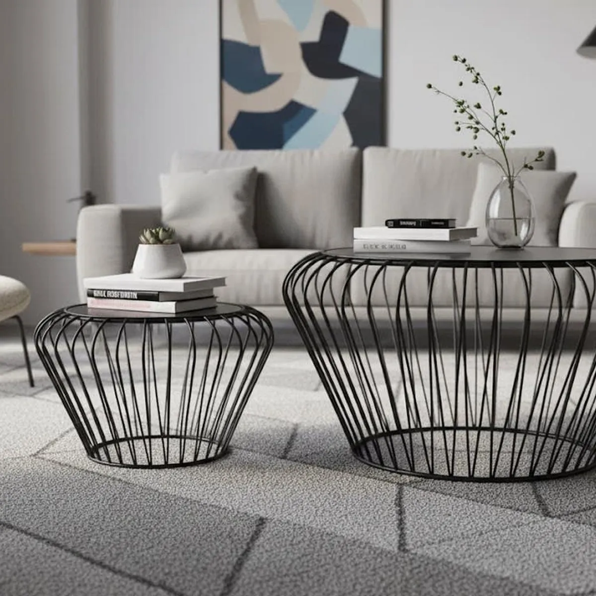 CONCEPTS LIFE - Mesa de Centro Tejido Metálico Negro Jgo x2