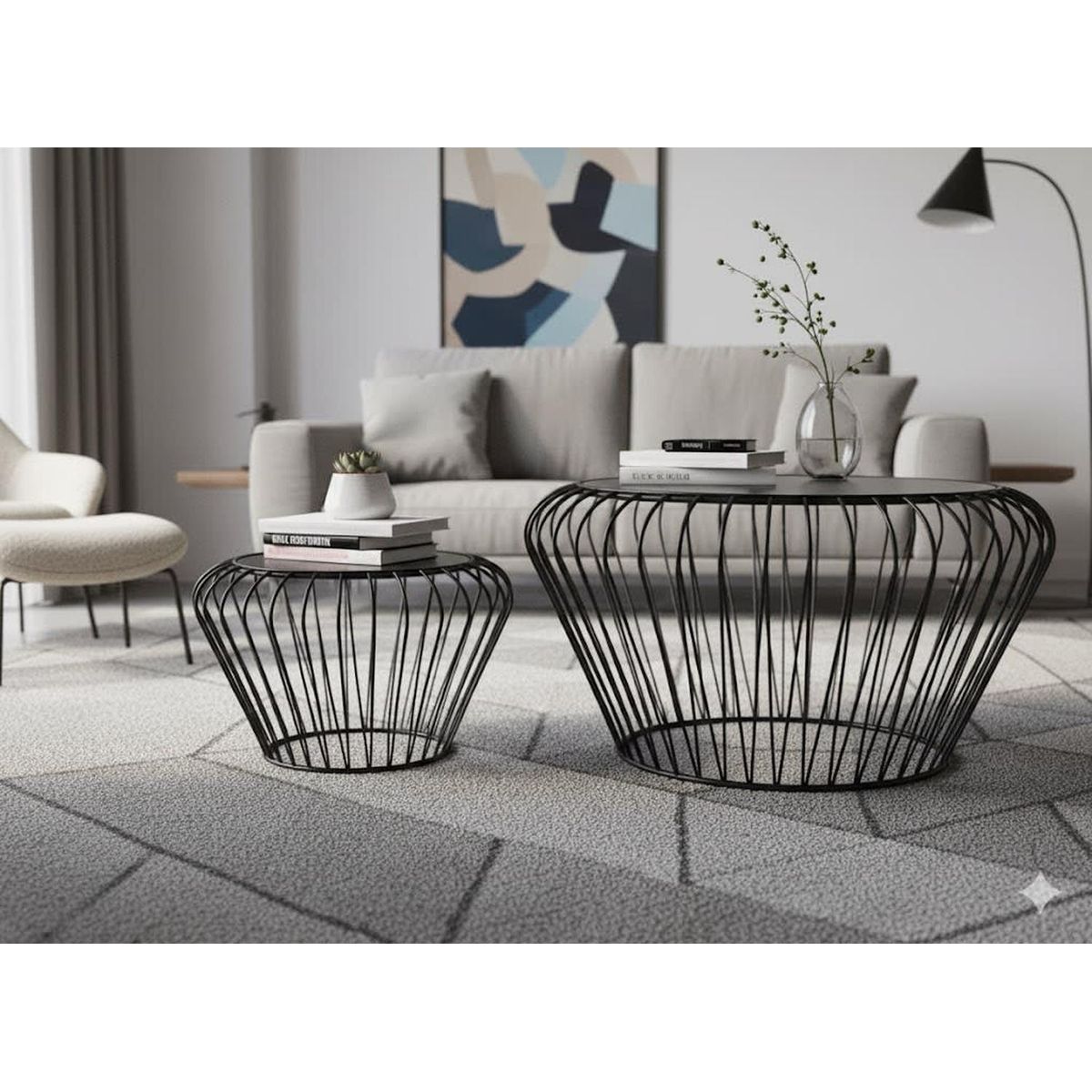 CONCEPTS LIFE - Mesa de Centro Tejido Metálico Negro Jgo x2