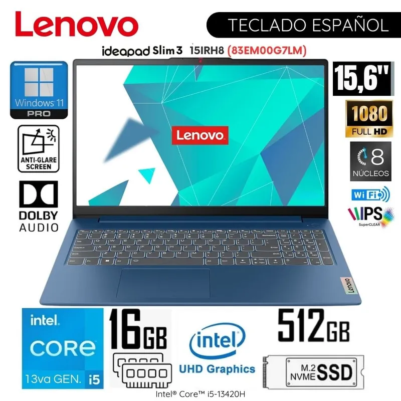 LENOVO - Laptop Lenovo IdeaPad Slim 3 15IAH8 Intel Core i5-12450H 16GB RAM 512GB SSD 15.6” FHD - 83ER001DLM