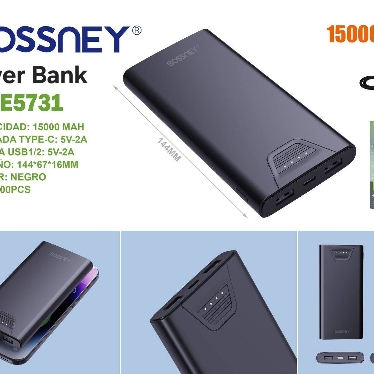 GENERICO - Cargador Portátil BOSSNEY de 15 000mAh con Indicador LED