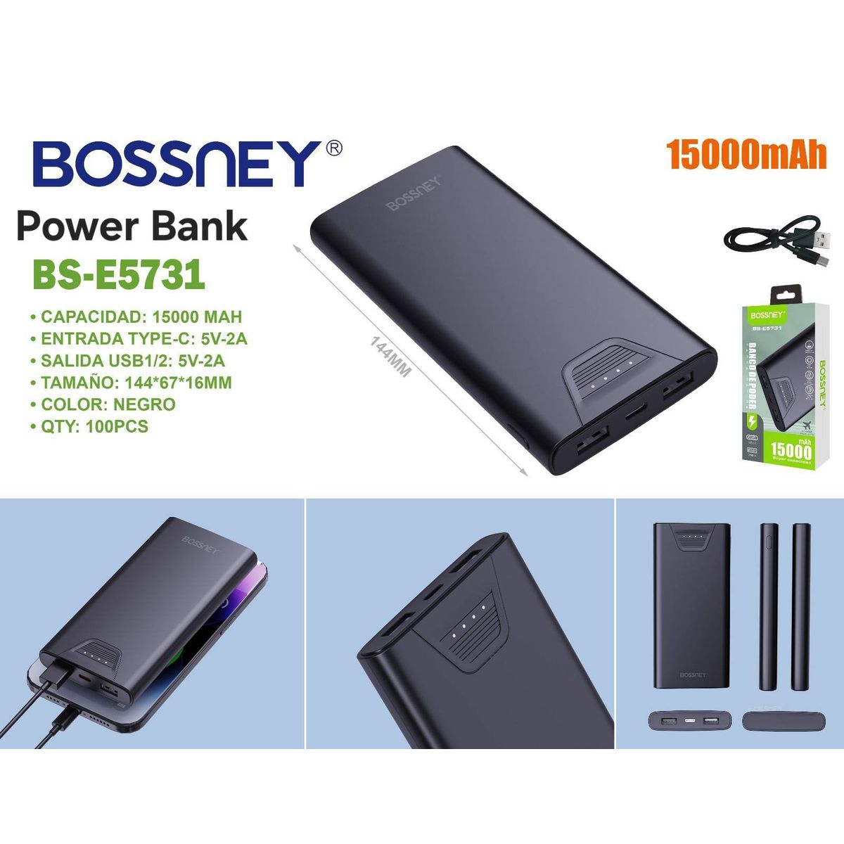 GENERICO - Cargador Portátil BOSSNEY de 15 000mAh con Indicador LED