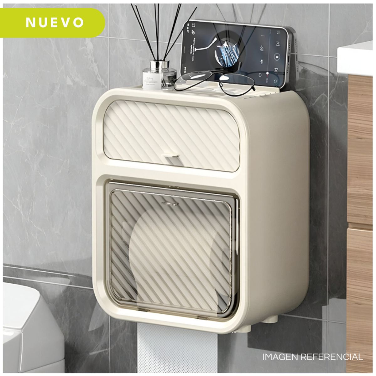 MINARI - Organizador Dispensador de Papel Higienico Con Cajon para Baño CR OP23