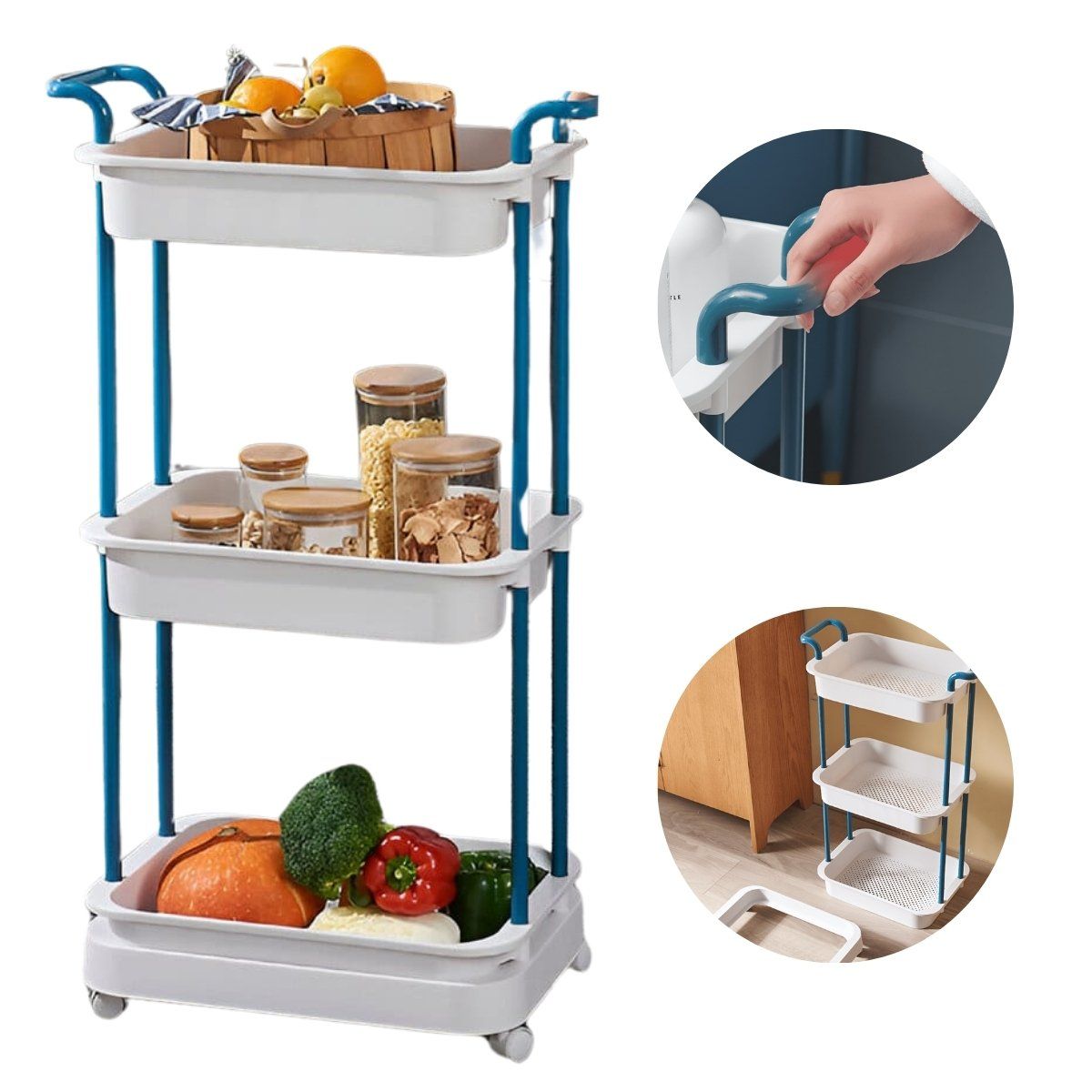 ELMEJORPRECIO - Carrito Organizador Multiuso de Tres Niveles Hana Azul