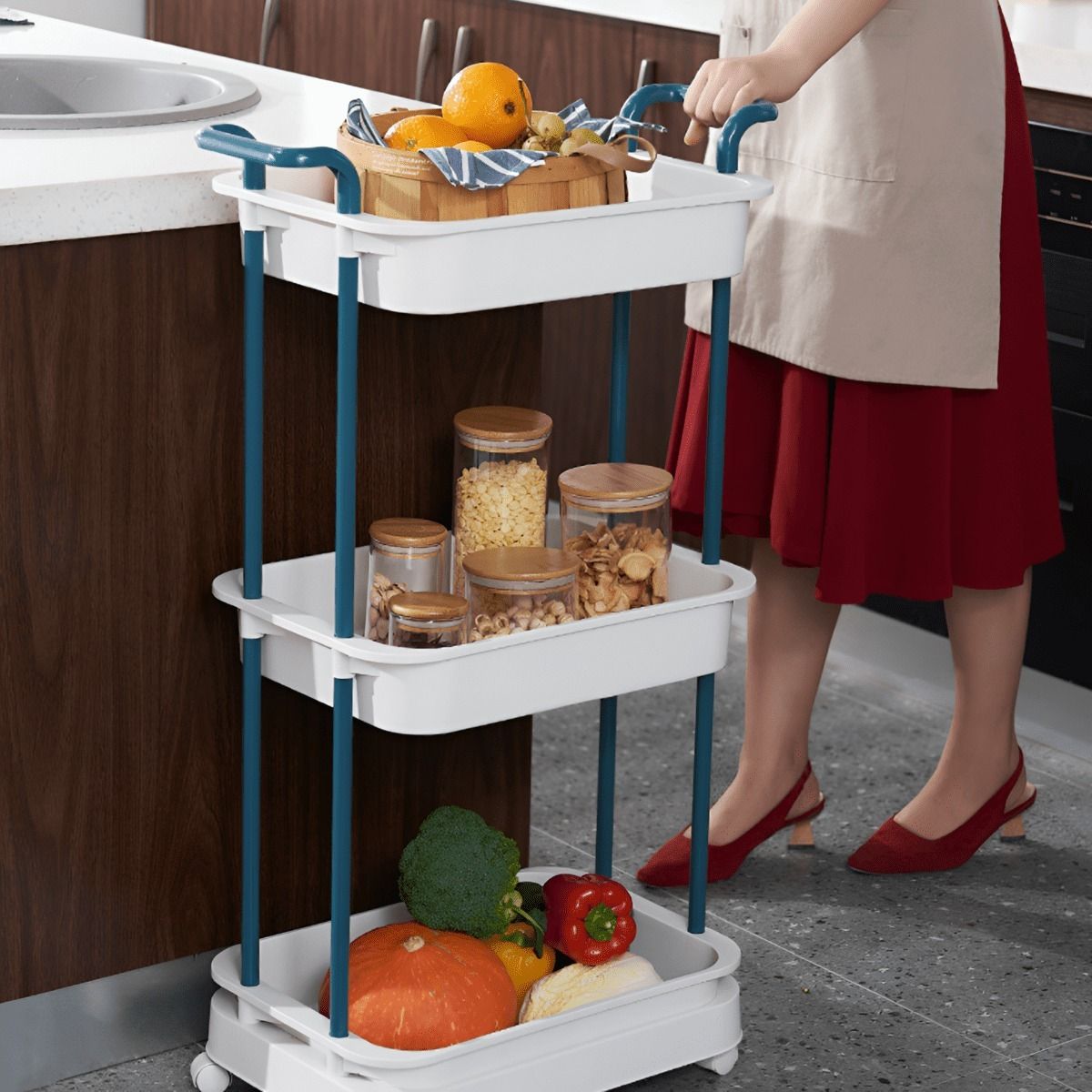 ELMEJORPRECIO - Carrito Organizador Multiuso de Tres Niveles Hana Azul