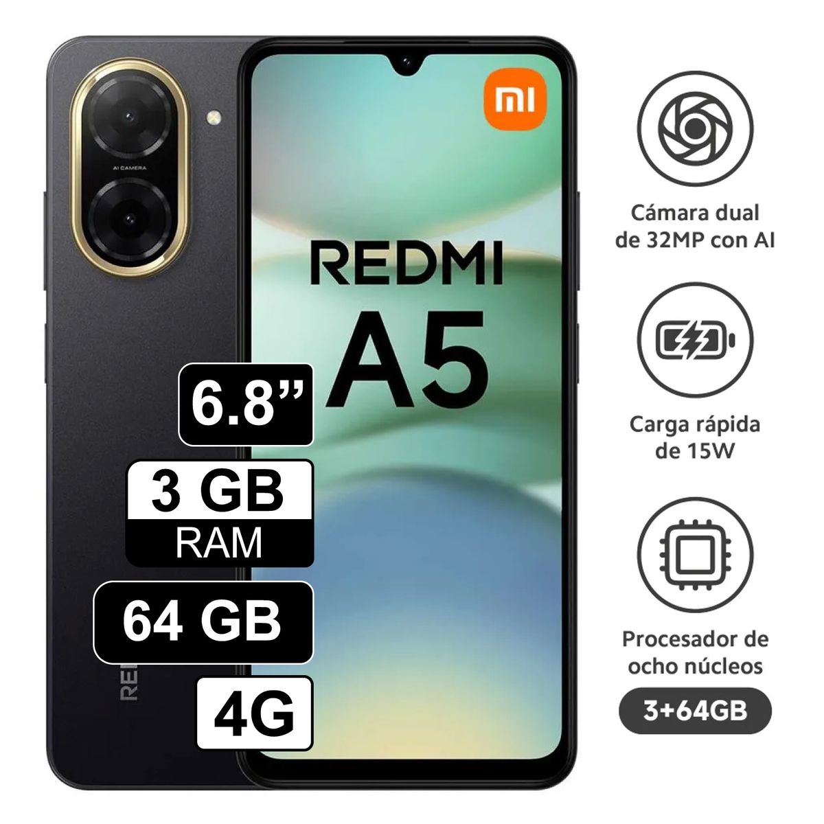 REDMI - Celular Xiaomi Redmi A5 4G 128GB 4GB RAM cámara principal 32MP frontal 8MP 688 Negro
