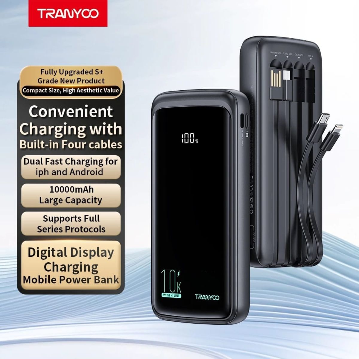 OEM - Tranyoo Power Bank 10000mAh con 4 Cables Lightning Tipo-C Carga Rápida